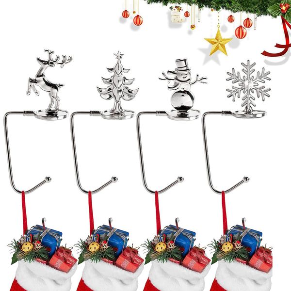 TNBRUA 4Pcs Christmas Stocking Holders, Mantel Christmas Stocking Hangers for Fireplace, Christmas Stocking Clips in 4 Styles, Non-Slip Christmas Stocking Clips for Christmas Party Decoration(Silver)