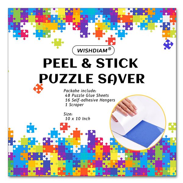 Puzzle Glue Sheets for 8 X 1000 Puzzles, 48 Puzzle Saver Sheets Peel & Stick, Puzzle Saver No Stress & No Mess, Clear Puzzle Sticker Sheets Preserve Your Puzzles with 16 Adhesive Hangers & 1 Scraper