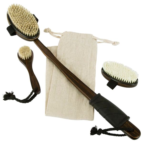 Vive Dry Body Brush Set - Long Handled Multi Brushing Kit - Dark Wood Body Brush Scrubber w/Soft and Stiff Natural Bristles - Great for Back, Feet, Cellulite, Lymphatic Drainage - Exfoliating Massager