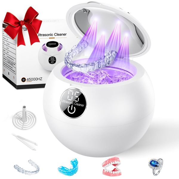 Ultrasonic Retainer Cleaner Machine,45kHz Ultrasonic Cleaner,UV Lamp 360°Cleaning for Dentures,Mouth Guard,Jewelry,Braces,Toothbrush Heads with 250 ML Capacity, 6 Modes for All Dental Appliances,White