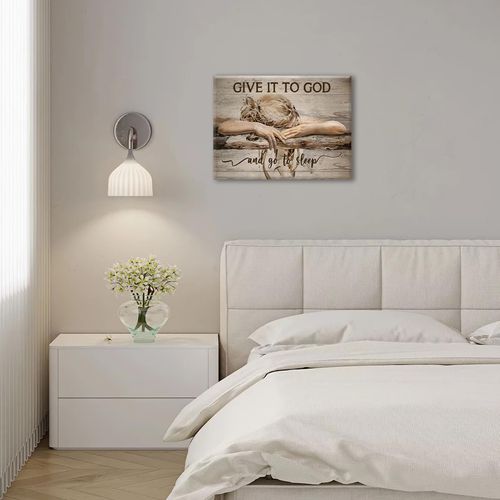 Farmhouse Wall Decor for Bedroom Give It to God and Go to Sleep Sign Pictures Rustic Above Bed Wall Art Christian Girl Sleep Painting Country Bible Verse Canvas Framed Print Artwork 16"x12"