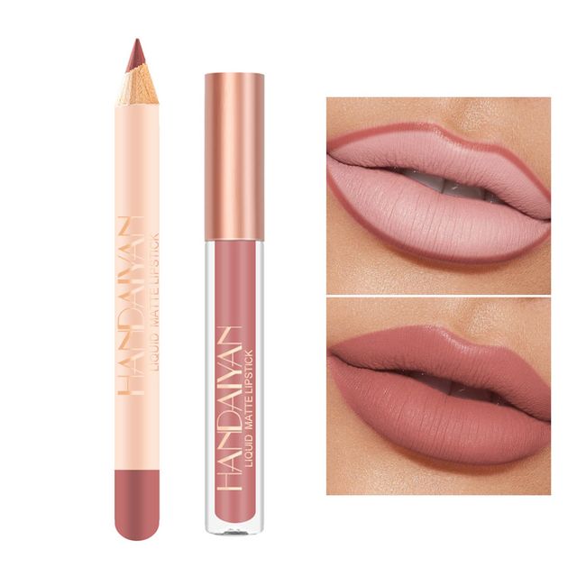 2pcs Matte Nude Lip Liner und Lippenstift Make-up Set, flüssiger Lippenstift 24H Non-Stick Cup Nicht verblassen Wasserdichte Nude Lippenstift Make-up Kits Samty Nude Lipliner Lipgloss Make Up Geschenk