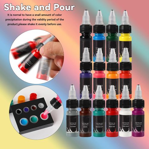 FONPOO Set di Inchiostri per Tatuaggi da 14 Pezzi, 15 ml (0,5 oz) Inchiostro Tattoo, Inchiostri per Liner & Shader, Trucco Permanente, Body Art Inks