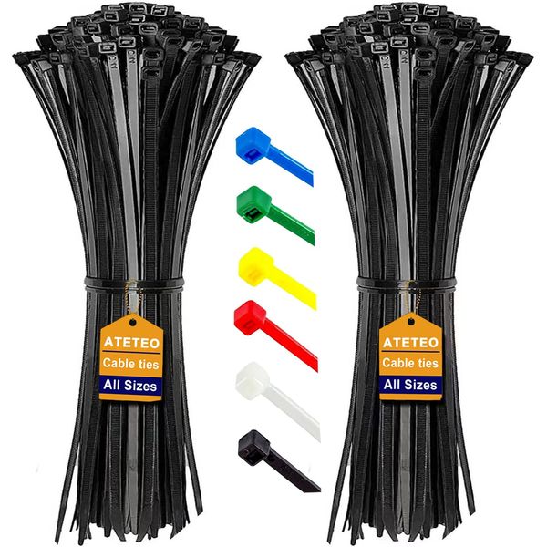 ATETEO Cable Ties, 200 Pack Black Cable Zip Ties Nylon Self Locking tie Wraps 100/150/200/250/300/370/400/500/600/650/760/1200 mm