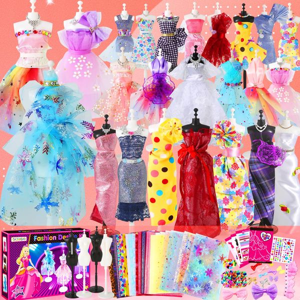 OCHIDO 600+Pcs Fashion Designer Kits for Girls 6 7 8 9 10 11 12 Years Old,DIY Arts & Crafts Girls Set with 4 Mannequins,Sewing Kit for Kids for Birthday Christmas Gift for Ages Girls 6-8, 8-12