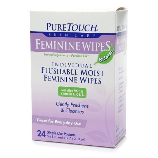 PureTouch Feminine Wipes Naturals for Adults Individual Flushable Moist Wipes 144 Single-Use-Packets