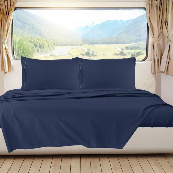 Nestl Navy RV Queen Sheets – Super Soft RV Short Queen Sheets for RV Camper, 4 Piece 1800 Microfiber Fitted RV Sheets, Double Brushed RV Bed Sheets Set, Camper Sheets and Pillowcases