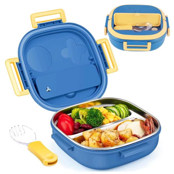 PCXWTLN Lunch Box, Stainless Steel Bento Box with 2-Compartment for Kid, Portable Dishwasher Safe Bento Box, BPA-Free, Food Storage Container Lunchbox for Kids Salad Sandwich