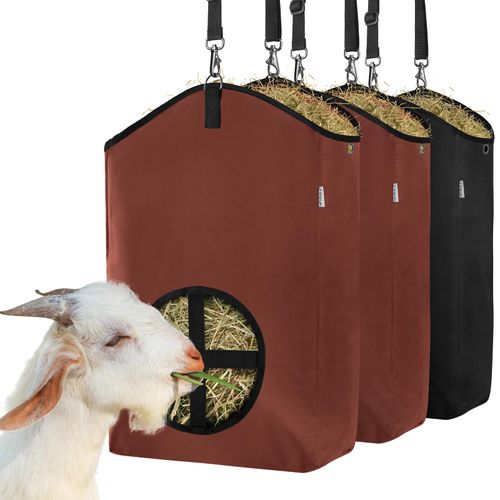 MIYABALA 3 Packs Goat Hay Feeder,Hay Bags for Goats,Horses,Sheep,Premium 600D Oxford Cloth,with Metal Fastener and Adjustable Open Feed Hole for Slow Feeding. (2Brown + 1Black)