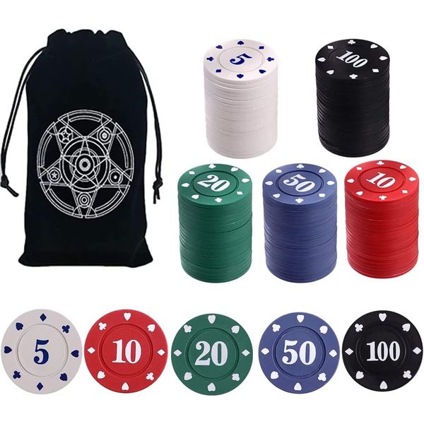 ZOWUBNK Poker Chips,Poker Set,Denomination Poker Chips Set with Black Velvet Pouch Bag,Plastic Learning Counters Disks and Learning Math Counting Chips,Game Night Party Supplies(100pcs)