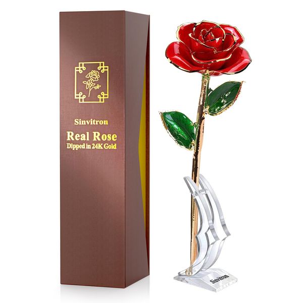 Sinvitron Gold Dipped Rose 24K Real Rose, Long Stem Gold Plated Rose with Stand,Romantic Gifts for her, Birthday Gift for Women, 24K Golden Rose for Anniversary Valentines Mothers Day (Red)