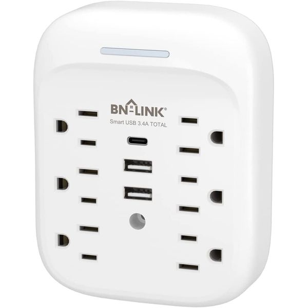 BN-LINK 6 Outlet Extender Multi Plug Outlet with 3 USB Charger Wall Adapter Tap