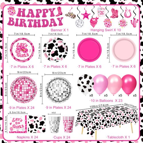 131 PCS Cowgirl Birthday Party Decorations Disco Cowgirl Party Decorations - Includes Plates, Napkins, Cups, Banner, Hanging Swirl, Tablecloth, Balloon for Western Cowgirl Party Decorations, Serve 24
