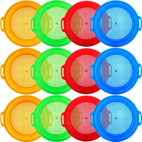 Restroma 12 Pack Kids Plastic Sand Strainer Sand Sifting Pan Sand Sifter Sieve Beach Toys for Boys Girls Outdoor Gardening Digging Finding Treasure Tools, 4 Colors