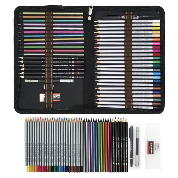 ZZONEART 48 Piece Colored Drawing Pencils Set,Sketching Pencils and Colouring Pencils Set neatly Presented in Sturdy Zipper- Ideal Set for Artists