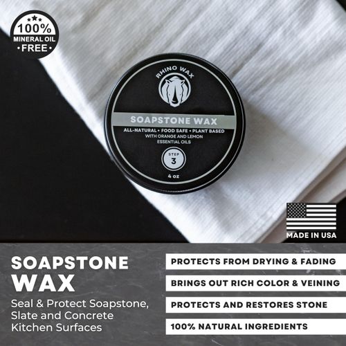 Rhino Wax Soapstone Wax 4oz - Condition, Seal, and Protect Natural Stone, Slate, Concrete Countertops and Surfaces - Natural Coconut Blend of Oils and Waxes (NO Mineral Oil) - Food Safe - Made in USA