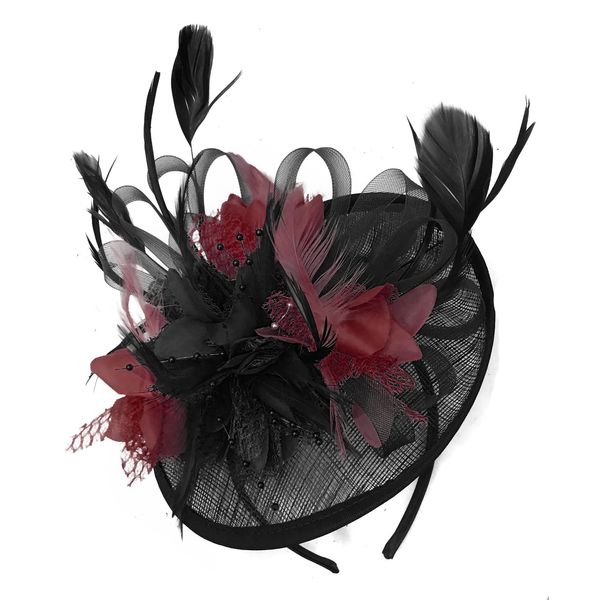 Black and Burgundy Sinamay Disc Saucer Fascinator Hat for Women Weddings Bird Cage Veil Headband