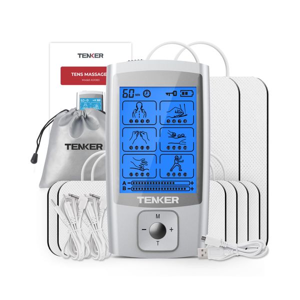 TENKER EMS TENS Unit Muscle Stimulator, 24 Modes Dual Channel Electronic Pulse Massager for Pain Relief/Management & Muscle Strength Rechargeable TENS Machine with 8 Pcs Electrode Pads