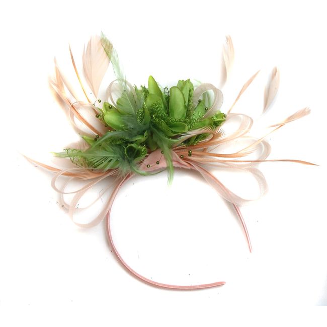 Caprilite Fashion Nude Salmon and Green Feather Hair Fascinator Headband Wedding Royal Ascot Races Ladies