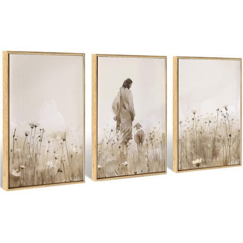 Jesus Wall Art Jesus and Lost Sheep on a Wild Flower Field Wall Decor pictures Christian Shepherd Paintings Artwork Bible Stories Posters Prints for Living Room Church Home Decoration