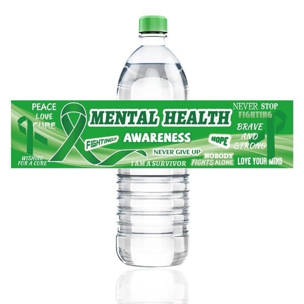 WANDIC 50PCS Green Ribbon Water Bottle Labels, 7.87 * 1.96’’ Ribbon Pattern Bottle Wrap Sticker for Hope Liver Cancer Mental Health Awareness (Style A)