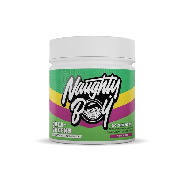 Naughty Boy Crea-Greens Powder, Creatine, Super Greens and Electrolytes. Boosts Performance, Health, Immune system and Hydration. Amazing Taste, Suitable for All Adults 270g (Passion Fruit)