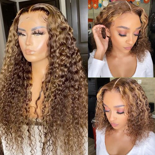 CYNOSURE 13x5 Curly Honey Blond Ombre Color Highlight Lace Front Human Hair Wigs for Women Invisible Pre Plucked (16 Inch, Highlight)