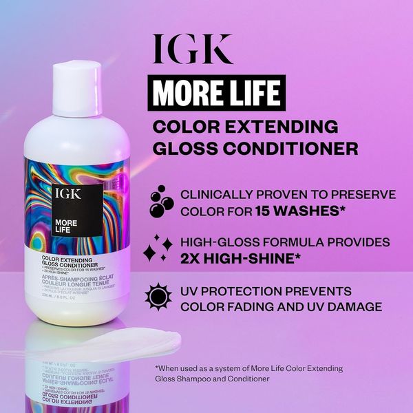 IGK MORE LIFE Color Extending Gloss Shampoo and Conditioner Set | Preserves Color Treated Hair | UV Protection | Vegan + Cruelty-Free | 8 oz