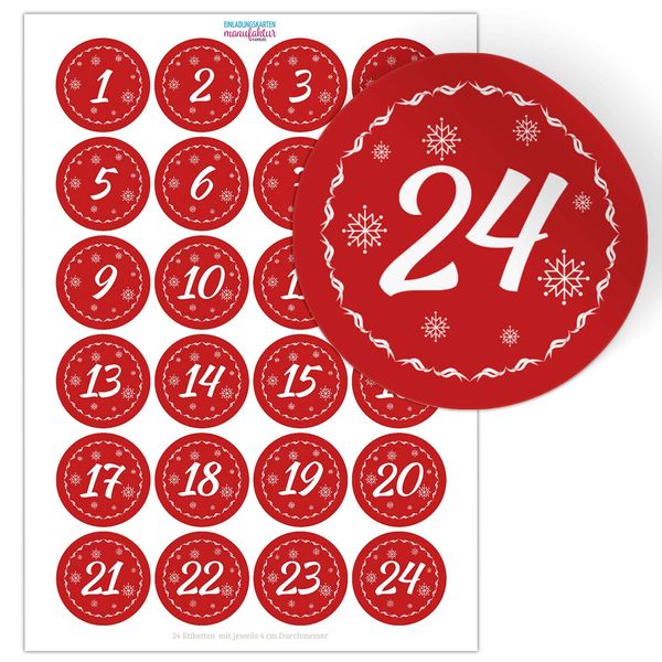 Adventskalender-Zahlen Aufkleber 1 bis 24 / rot Vintage/Etiketten/Sticker/Weihnachtskalender/Advent/Rund/DIY/zum Aufkleben