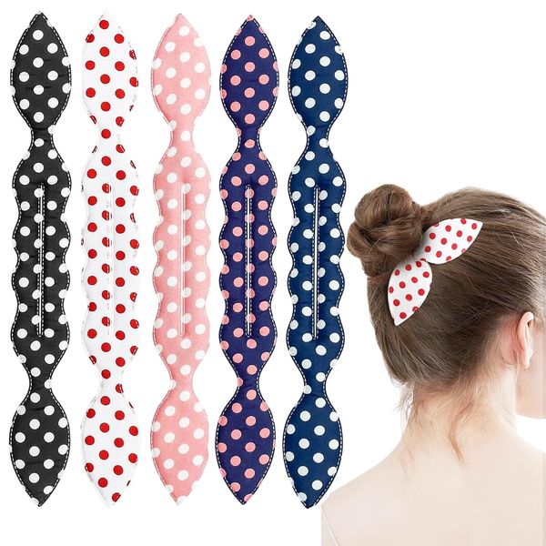 5PCS Deft Hair Bun Maker French Braiding Tool French Twist Hair Bun Maker Donut Hair Bun Maker Rabbit Ear Bun Twister Polka Dot Flexible Quick Hair Styling Accessories for Women Girls