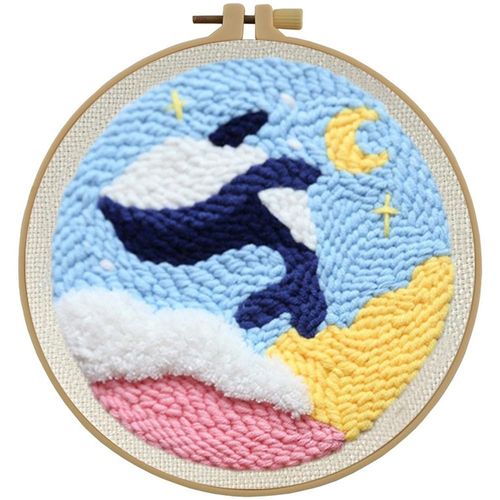 Esffaci Punch Needle Kit for Adults Beginner Starter Punch Embroidery Kit with Whale Pattern DIY Punch Stitch Supplies with Stamped Fabric Yarn Hoop Tool Instruction