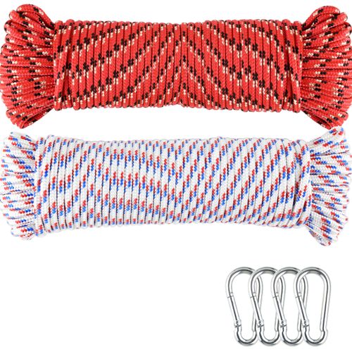 Wellmax 3/16" x 100' Diamond Braided Polypropylene Rope with UV Protection and Weather Resistance, Red/White - 2 Pack