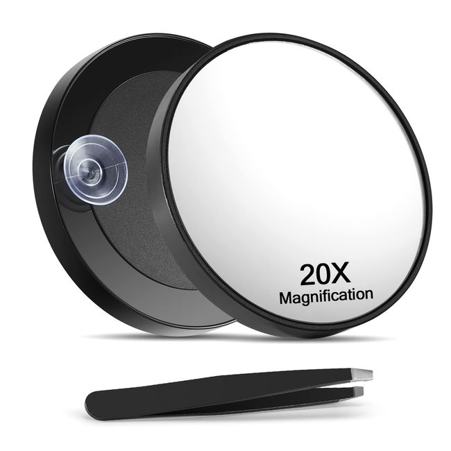 Macaki 20X Magnifying Mirror with 2 Suction Cups, 8.8cm Magnified Makeup Mirror and Slant Tweezers,1PCS,Black