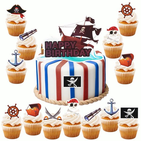 HOWAF 30 Pirate Cake Topper Pirate Party Decorations, Pirate Cupcake Toppers Happy Birthday Cake Topper Pirate Flag pirate Hats Cupcake Topper Pirate Cupcake Decorations for Kids Birthday Decorations