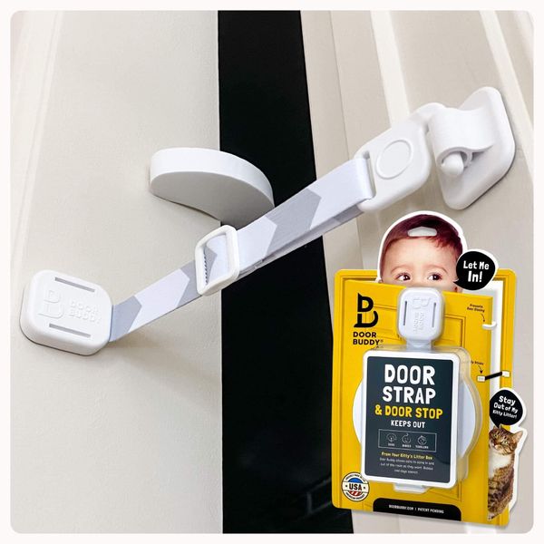 Door Buddy Child Proof Door Lock & Cat Door Stopper. Adjustable Door Strap Latch to Baby Proof Door & Keep Toddler out of Cat Food & Litter Box. Easy Pet & Baby Gate with Cat Door Interior Alternative