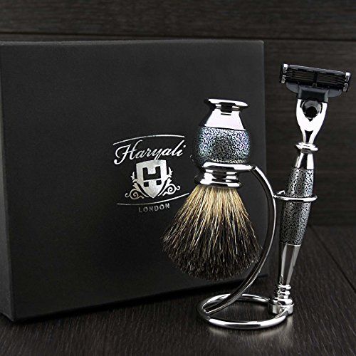 3 Pieces Men's Shaving Gift Set in Sliver Antique with Triple Edge Compatible Cartridge Head Razor,Black Badger Brush & Dual Stand for Both Razor & Brush .Perfect Set for Him