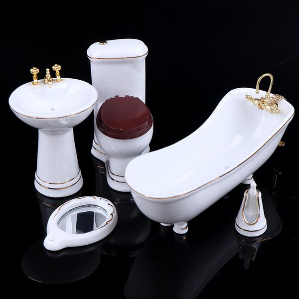 1:12 Dollhouse Miniature Porcelain Bathroom Set 5 PCS White Ceramic Toilet Basin Bathtub Mirror Miniature Furniture Doll Accessories for Bathroom Cake Topper Toy Fairy House Furniture Miniature Toys