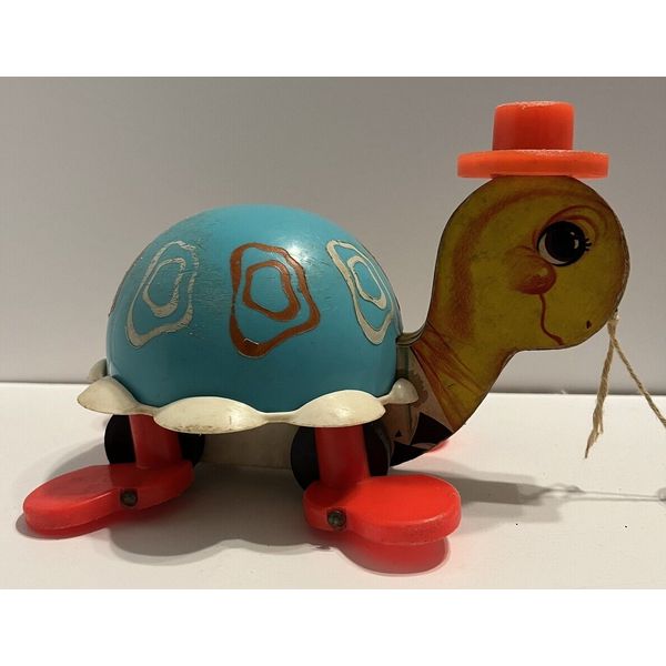 Vintage Fisher Price 1962 Tip Toe Turtle Pull Along Toy 773 Bell Walking Toy USA