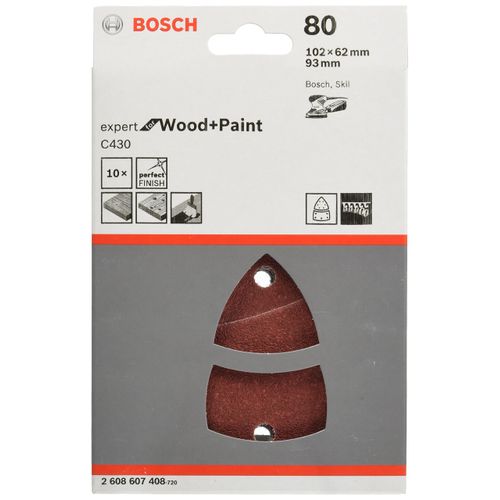 Bosch Accessories 10-piece C430 Sanding Sheet Set 'Expert for Wood' (Wood and Veneer, 102 x 62, 93 mm, Grit 80, Accessories for Multi Sanders)