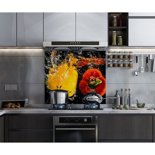 BELOFAY 60x65cm Modern Vegetable Design 6mm Tempered Glass Splashback for Kitchen, Toughened Glass Heat Resistant Splashbacks for Cookers