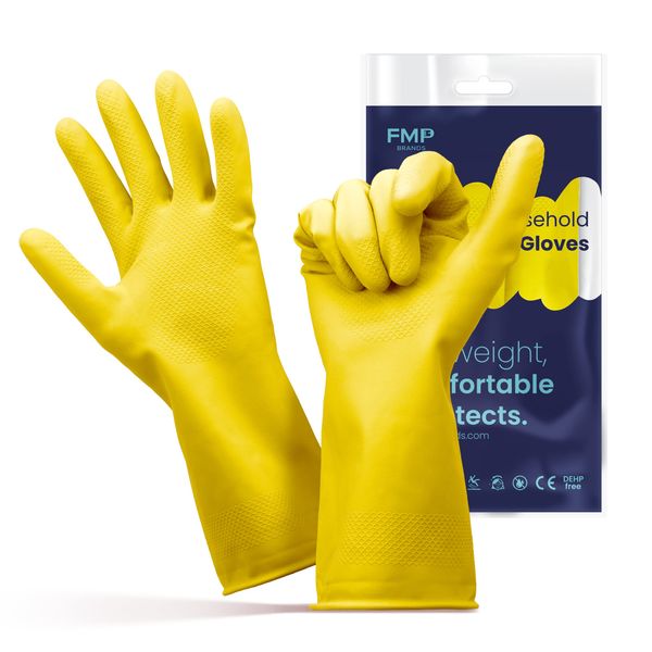 FMP Brands Cleaning Gloves, 6 Pairs Rubber Gloves for Washing Dishes, Non-Slip Dishwashing Gloves, Waterproof Reusable Latex Dish Gloves for Kitchen, Bathroom, Household, Gardening (Medium, Yellow)