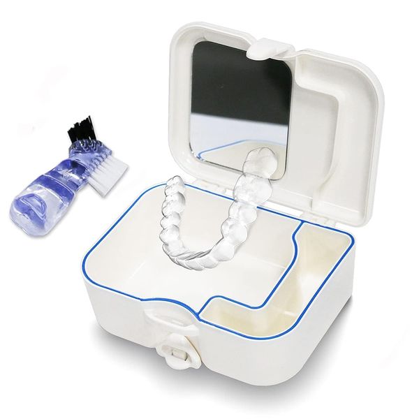 Denture Bath Case with Mirror & Cleaning Brush, Cleaner Denture Bath Cup Box for Retainer, Mouthguard, False Teeth, and Denture Cleaning for Travel, Office, Household Use (White)