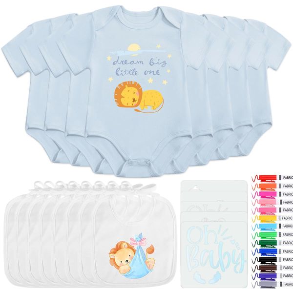 YANSYUN 16 Stück Lätzchen zum Bemalen Babybody zum Bemalen Baumwolle Blau mit 8 Kurzarmbody 8 Babylätzchen Textilstift Schablonen für Babyparty Spiele Baby Shower