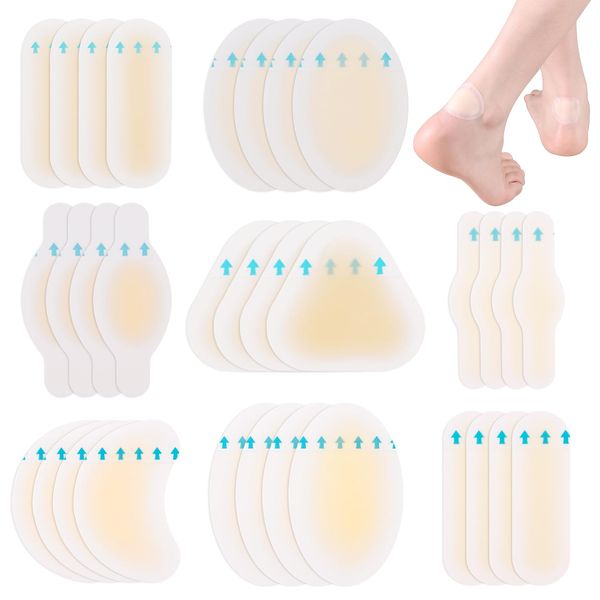 32pcs Blister Plasters for Feet, Invisible Waterproof Hydrocolloid Plasters Gel Blister Cushion Pads Blister Prevention Sterile Adhesive Wound Dressing for Heel Foot Toe Toes and Guard Skin