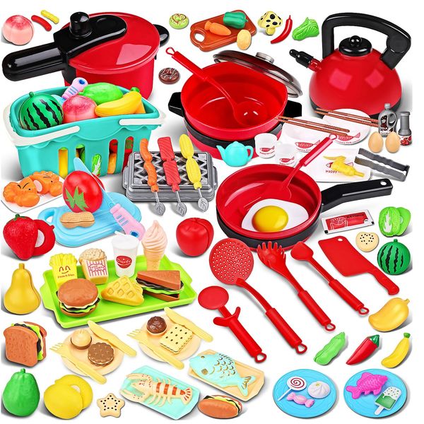 FunMission 134 Pcs Toy Kitchen Accessories, Pretend Cooking Toys with BBQ Grill, Pressure Cooker, Kettle, Pots, Pans, Kitchen Playset for Cutting Play Food, Christmas Birthday Present for Boys Girls