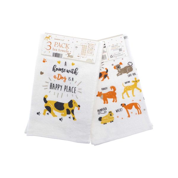 COUNTRY CLUB Pack of 3 Dogs Design Tea Towels - 100% Cotton - Gift idea for a dog lover - Great value triple pack Multicolour