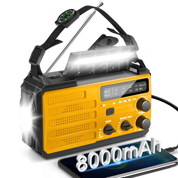 8000mAh Emergency Weather Radio - DaringSnail Emergency Crank Radio with 3-Mode Flashlight, Solar Charging, Hand Crank, Battery Operated and SOS Alarm for Emergency, Camping, Storm