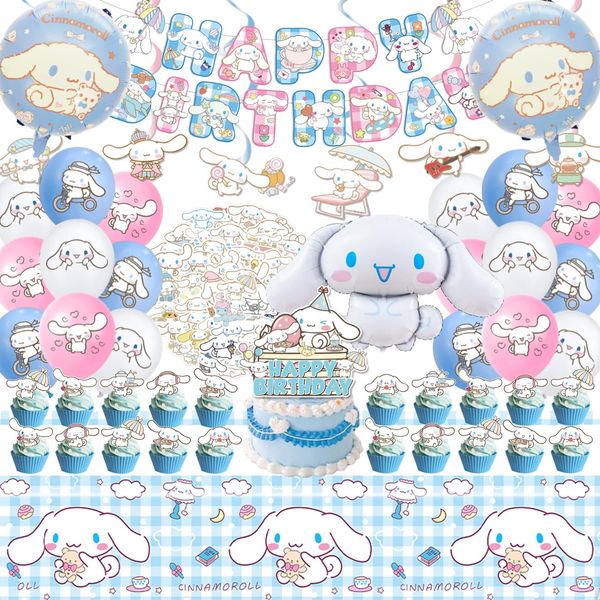 Cinnamoroll Birthday Decorations, 101PCS Party Supplies Set Include Banner, Balloons, Stickers, Hanging Swirls, Cake Cupcake Toppers, Tablecloth for Kids Cinnamoroll Theme Party