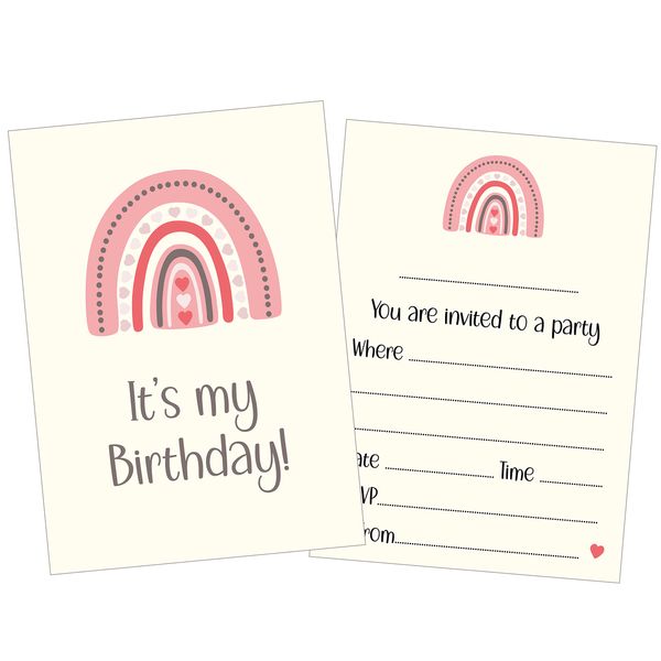 12 x Pink Rainbow Birthday Party Invitations (Invitations Only)