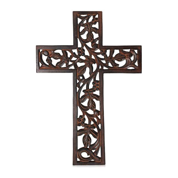 Indus Lifespace Gifts Wooden Wall Cross Plaque Long Hanging with Hand Carved Floral Design Religious Altar Home Living Room Decor Lightweight (30.48cm x 20.32cm x 1.27cm)